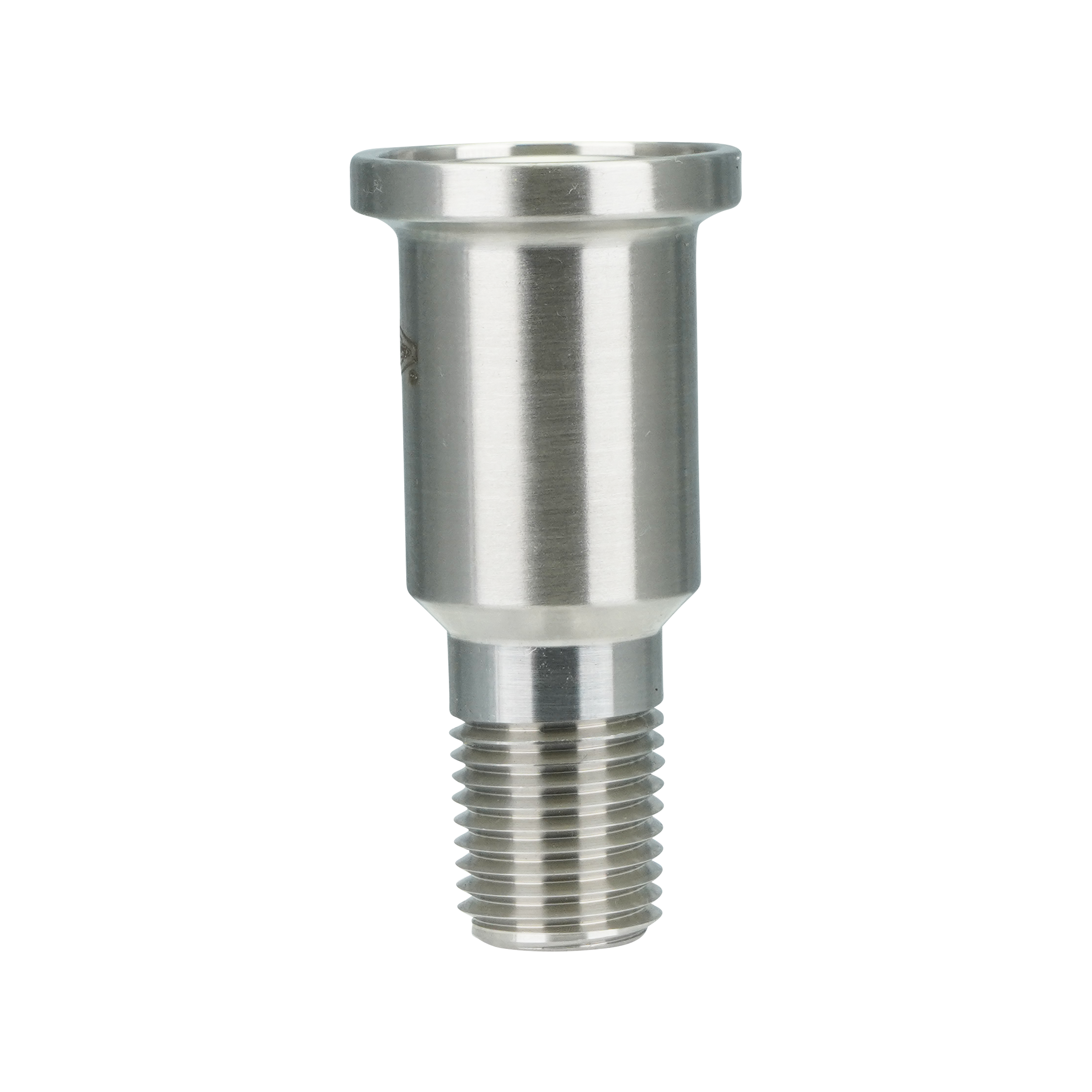 Adapter with 0.75-inch tri-clamp to 0.25-inch male pipe thread connection, made of 316L stainless steel, with a 20RA inner diameter finish and 32RA outer diameter finish.
