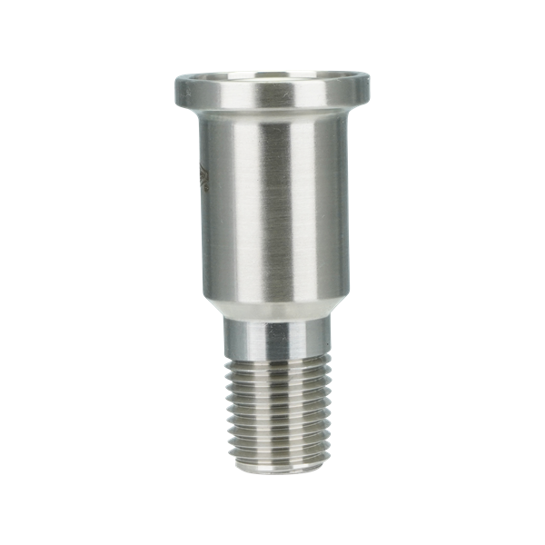 Adapter with 0.75-inch tri-clamp to 0.25-inch male pipe thread connection, made of 316L stainless steel, with a 20RA inner diameter finish and 32RA outer diameter finish.
