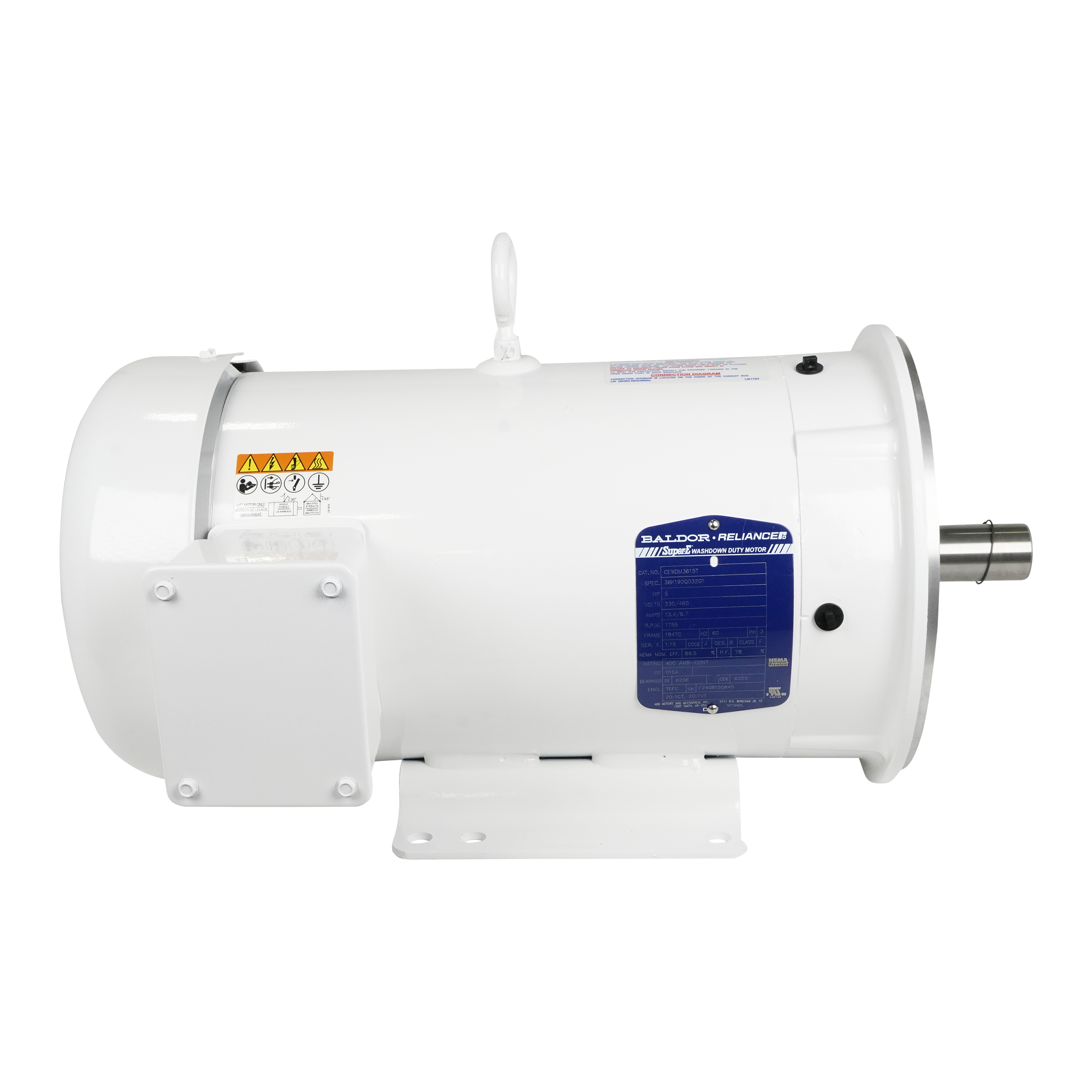 5HP motor with 3600 RPM, 3-phase, 60Hz operation, compatible with 208V, 230V, and 460V, washdown-rated with 184TC frame and IP55 protection, manufactured by Baldor.
