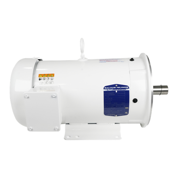 5HP motor with 3600 RPM, 3-phase, 60Hz operation, compatible with 208V, 230V, and 460V, washdown-rated with 184TC frame and IP55 protection, manufactured by Baldor.
