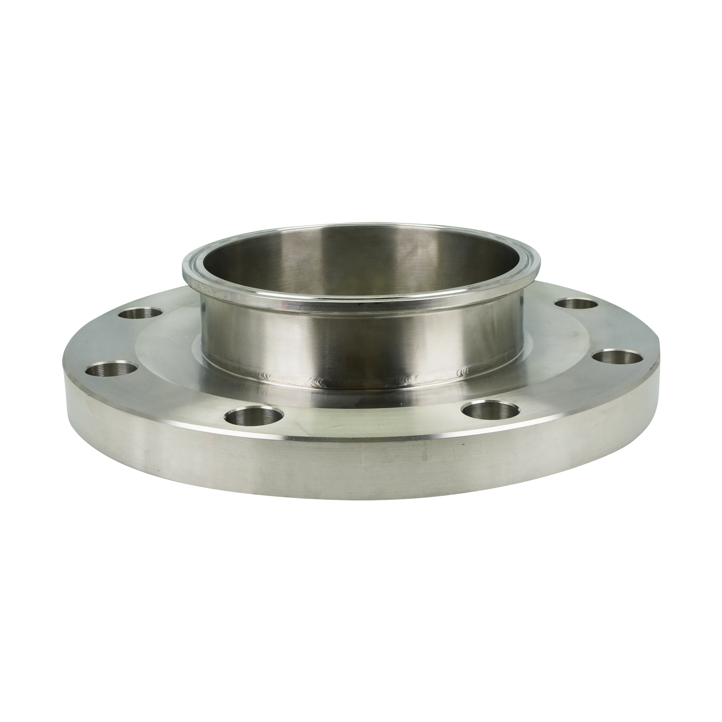 Adapter, 6-inch, 150-pound flange to Tri-Clamp, made of 316L stainless steel.