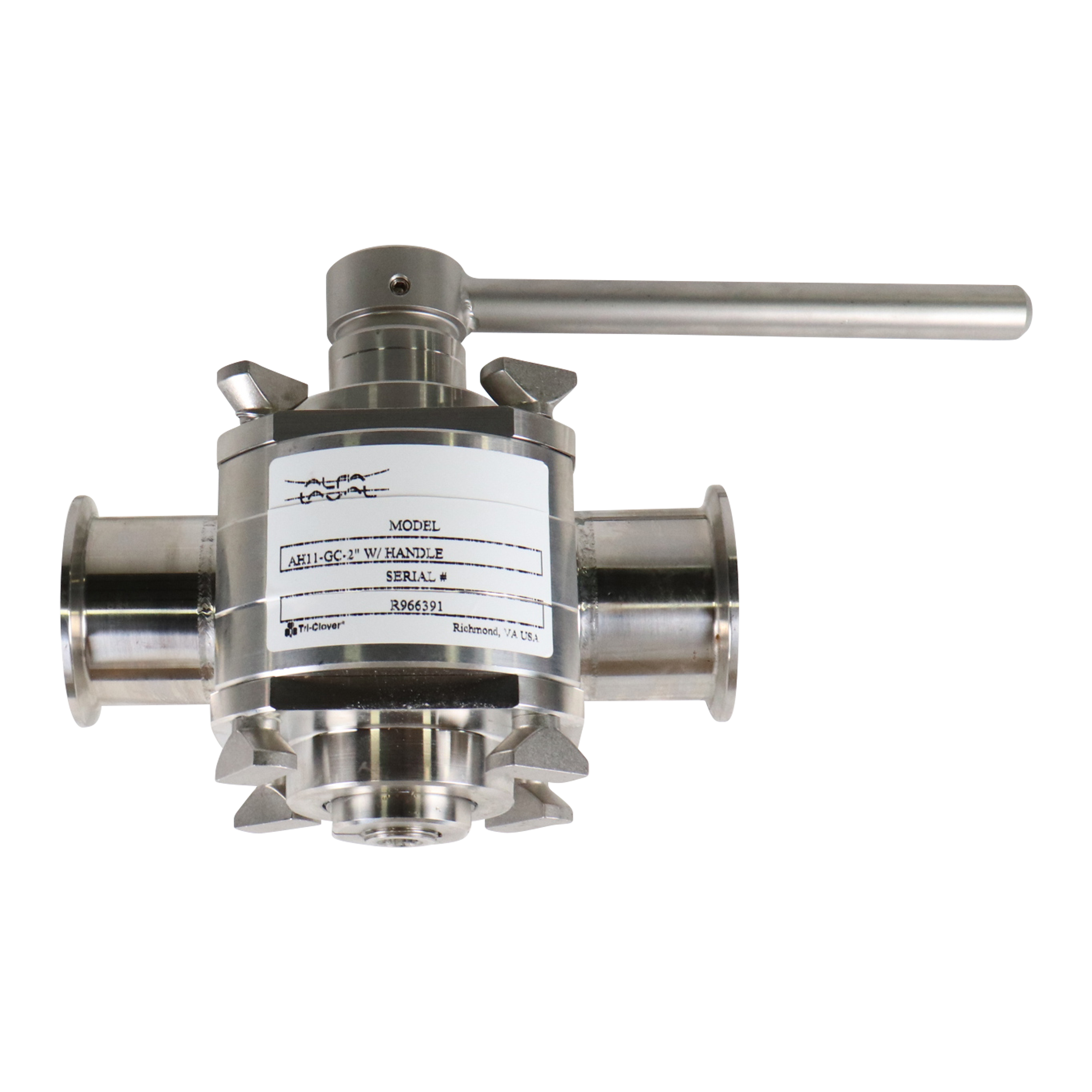 Koltek 3-Way Valve, 2-inch Tri-Clamp connection, EPDM seat, made of 316L stainless steel, includes handle.