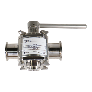 Koltek 3-Way Valve, 2-inch Tri-Clamp connection, EPDM seat, made of 316L stainless steel, includes handle.