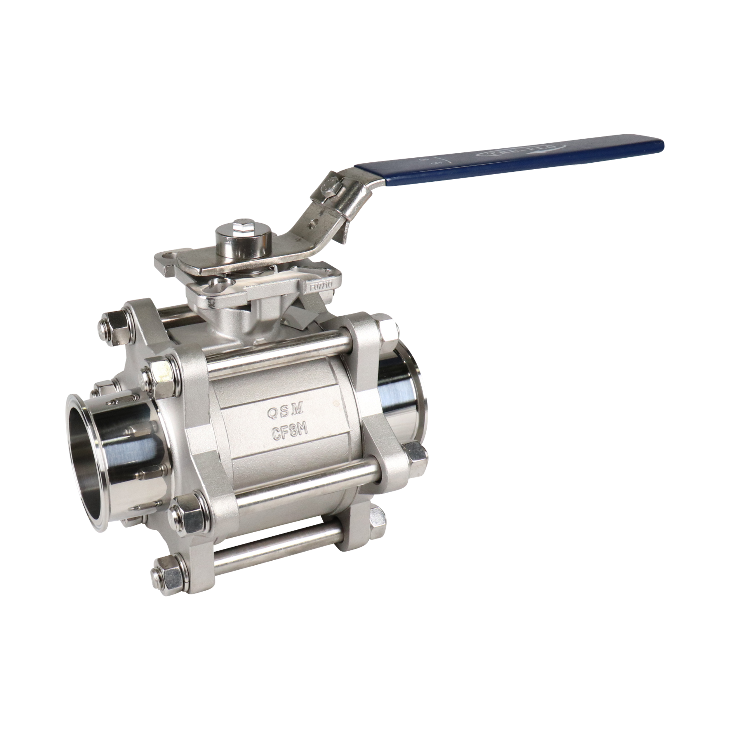 Ball valve for 3-inch tri-clamp connections, PTFE seat, made from 316L stainless steel, manufactured by QSM.