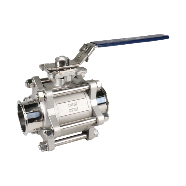 Ball valve for 3-inch tri-clamp connections, PTFE seat, made from 316L stainless steel, manufactured by QSM.