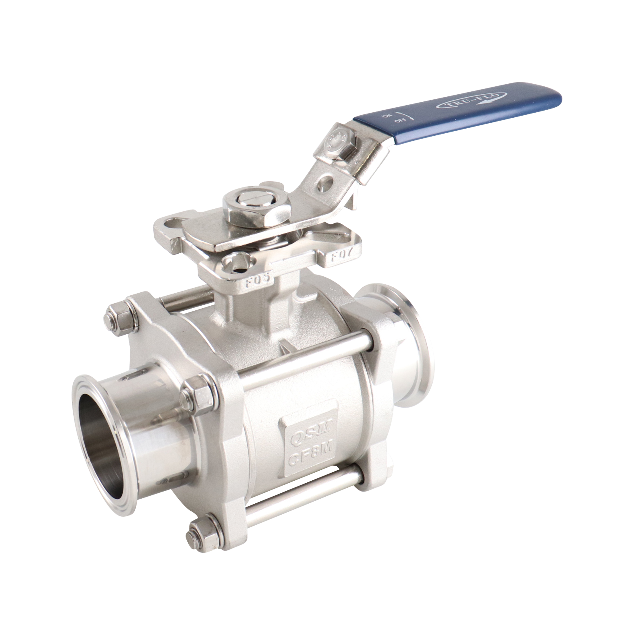 Ball Valve, 1.5-inch tri-clamp connection, made of PTFE and 316L stainless steel by QSM.