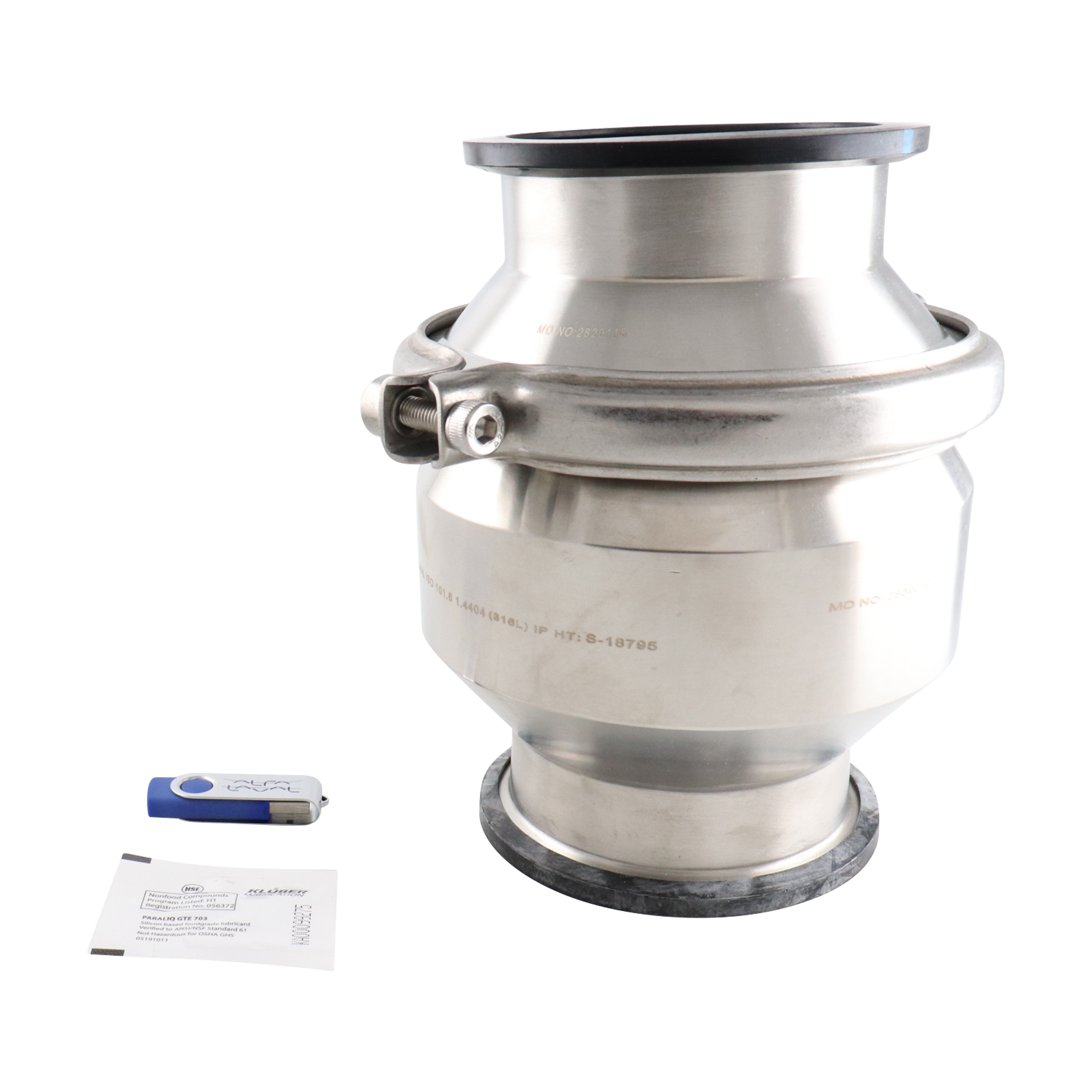 Spring check valve for 4-inch tri-clamp connections, made from 316 stainless steel with EPDM seals.