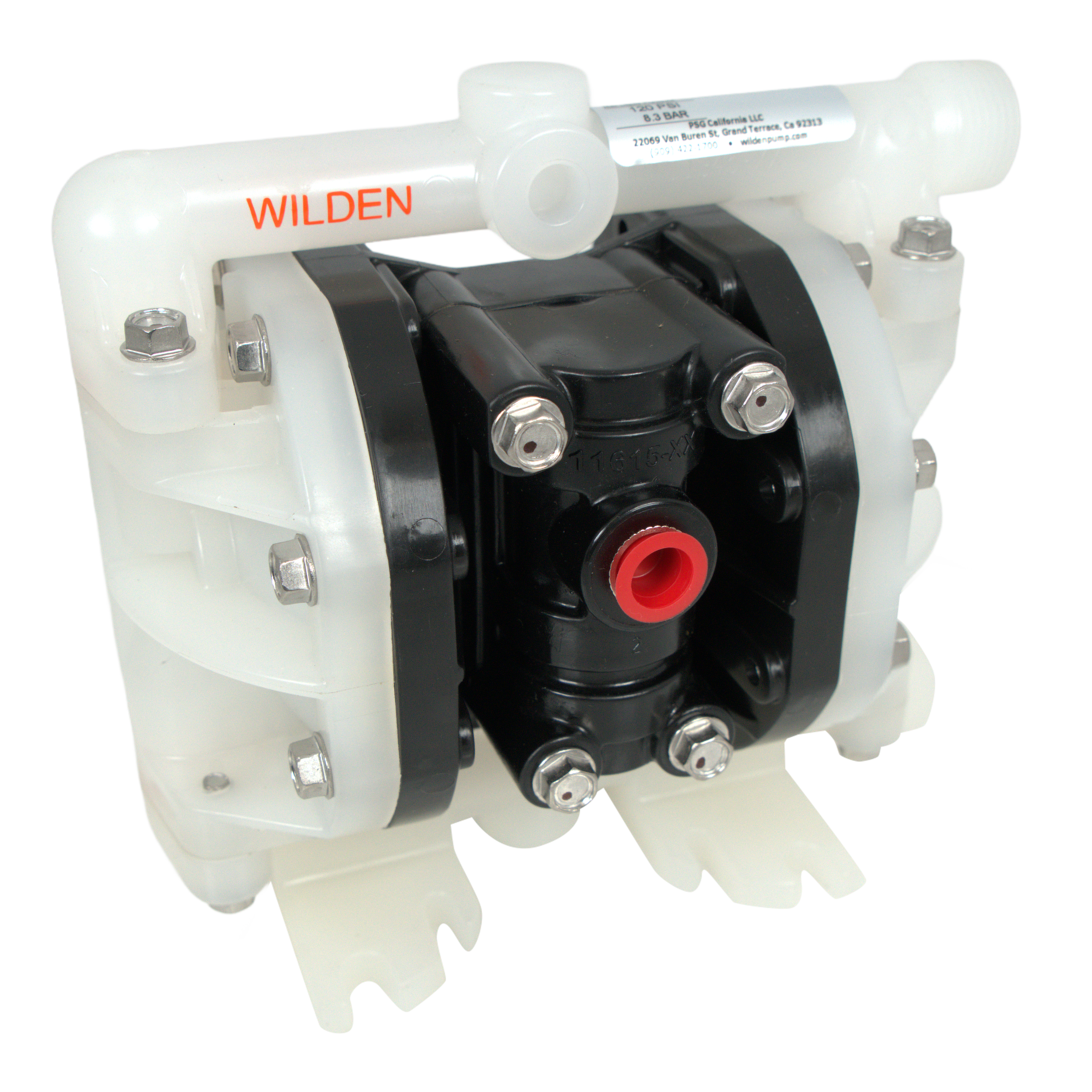 WILDEN PS25 DIAPHRAGM PUMP 0.25in FPT BOLTED PLASTIC PRO-FLO SHIFT POLY WET SIDE POLY PISTON POLY CENTER POLY AIR WIL-FLEX DIAPHRAGM PTFE VALVE BALL POLY SEATS PTFE ENCAPSULATED VITON O-RINGS AODD