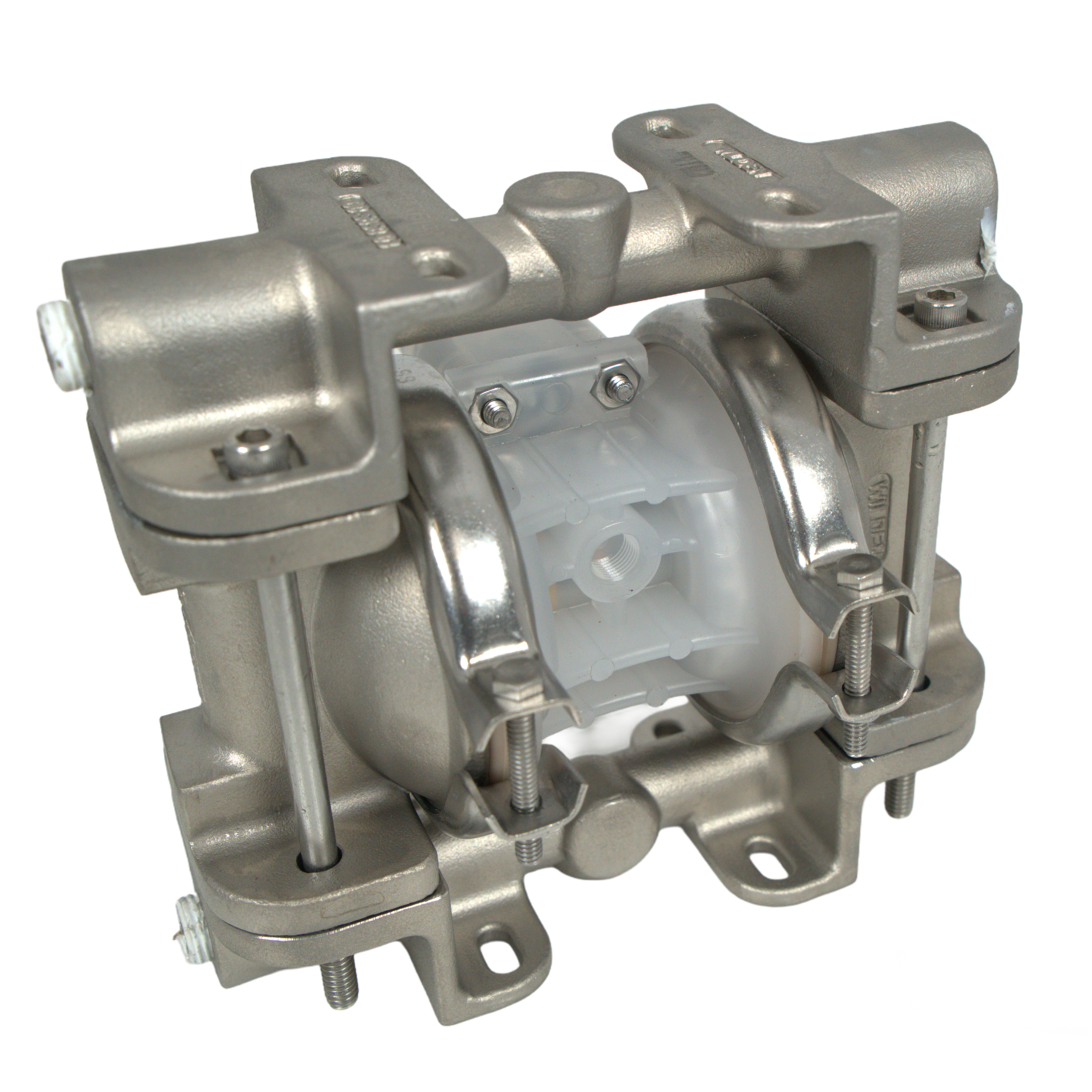 WILDEN P1 DIAPHRAGM PUMP 0.5in FPT CLAMPED METAL PRO-FLO ALUMINUM WET SIDE ALUMINUM PISTON POLY CENTER POLY AIR PTFE WITH NEOPRENE BACKUP DIAPHRAGM PTFE VALVE BALL ALUMINUM SEATS PTFE O-RINGS AODD