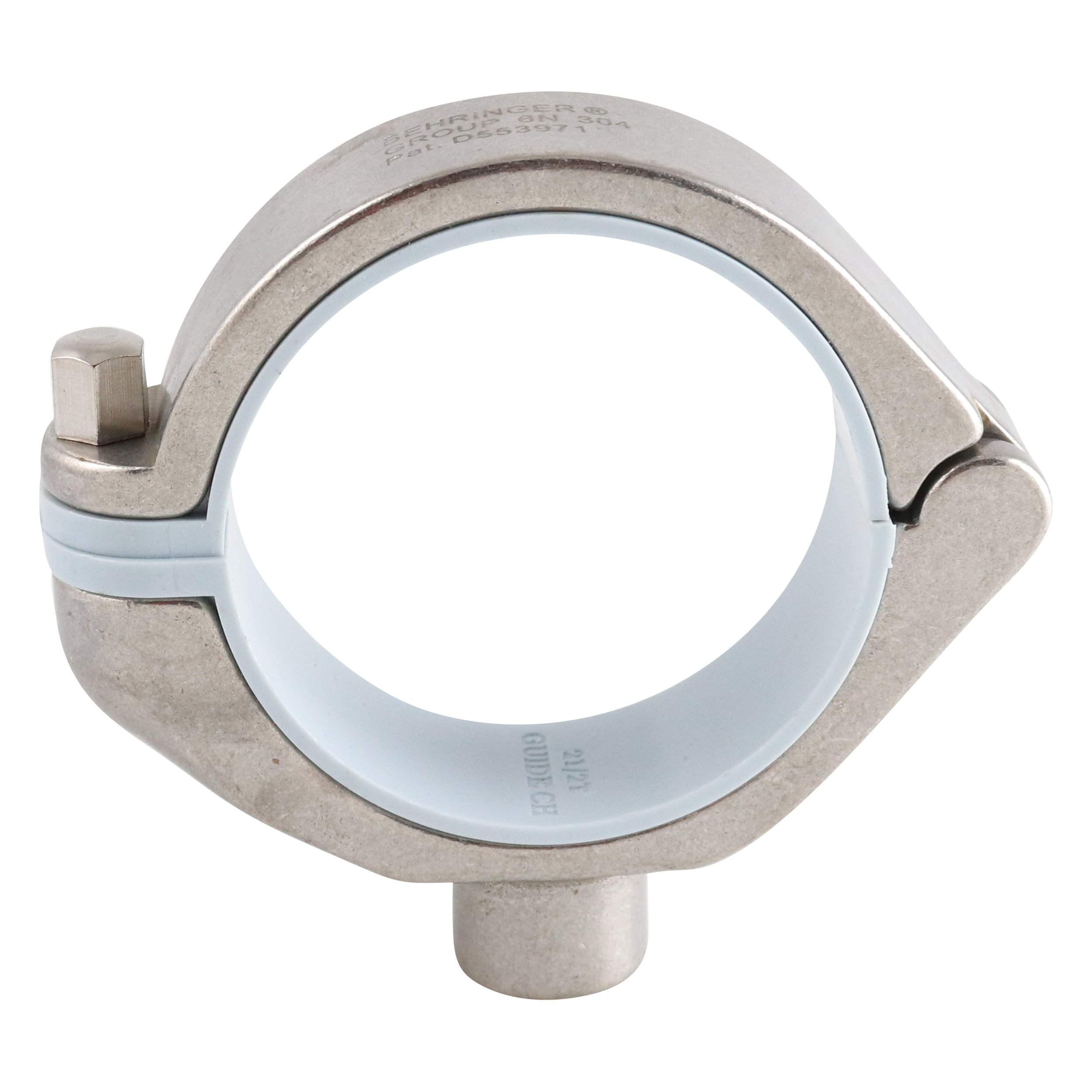 Hanger for CH 1-inch tubes, featuring a 3/8-inch threaded guide and a gray insert, constructed from 304 stainless steel.