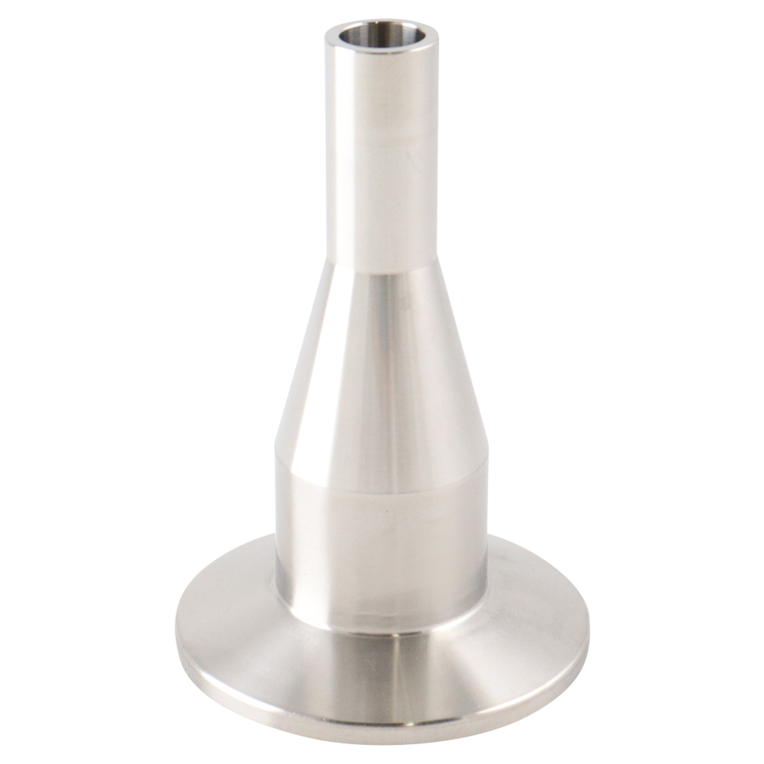 Concentric reducer: 1-inch to 0.5-inch tri-clamp to butt weld, 316L stainless steel, 3-inch overall length, 20RA inner diameter, 32RA outer diameter, SF1 BPE compliant.