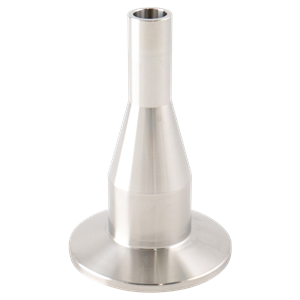 Concentric reducer: 1-inch to 0.5-inch tri-clamp to butt weld, 316L stainless steel, 3-inch overall length, 20RA inner diameter, 32RA outer diameter, SF1 BPE compliant.