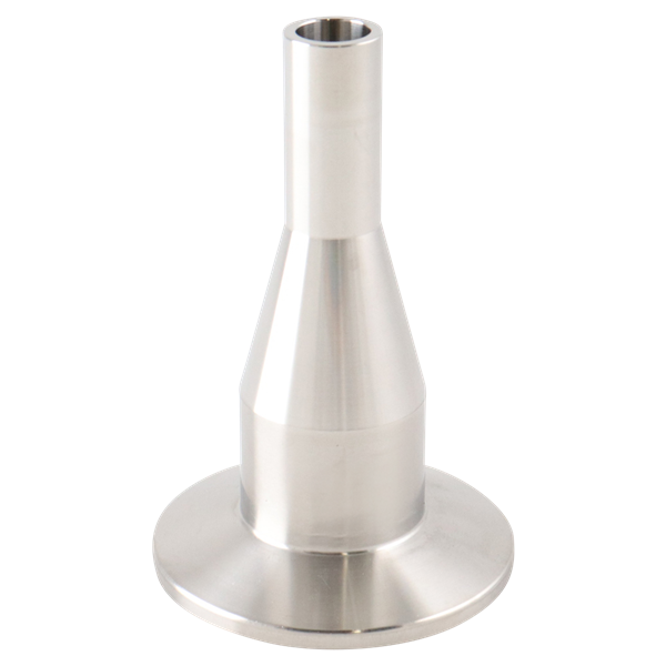 Concentric reducer: 1-inch to 0.5-inch tri-clamp to butt weld, 316L stainless steel, 3-inch overall length, 20RA inner diameter, 32RA outer diameter, SF1 BPE compliant.