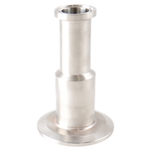 Concentric reducer with dimensions 1 inch x 0.5 inches, tri-clamp connection, made from 316L stainless steel, with a 3.5-inch overall length, 20RA internal finish, 32RA outer finish, SF1 BPE compliant.