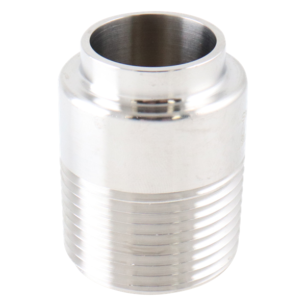 Adapter, 1.5-inch butt weld to male pipe thread, made from 304 stainless steel.