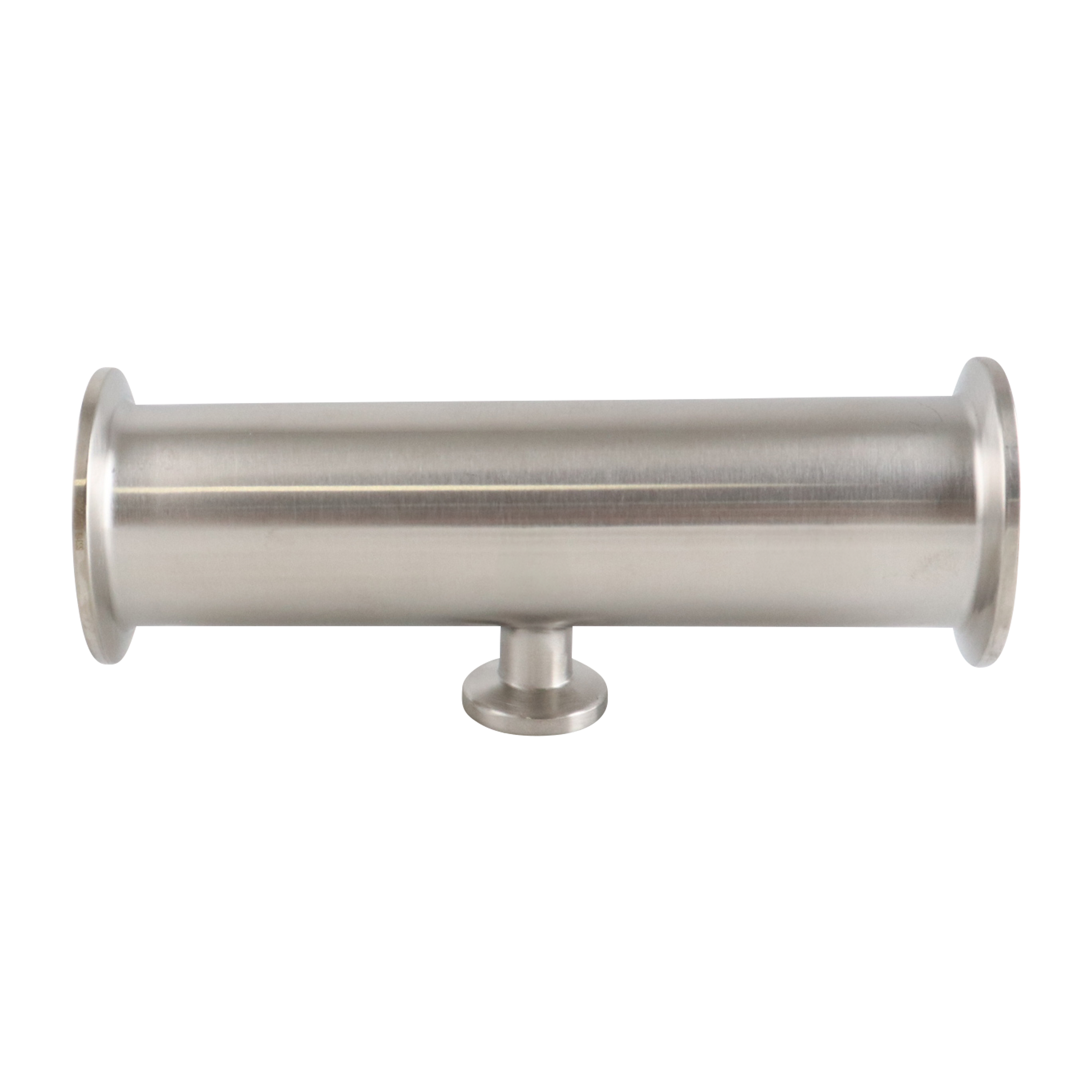Reducing tee with dimensions 1.5 inches x 0.5 inches, short branch, tri-clamp connection, made from 316L stainless steel, featuring a 20RA internal and 32RA outer finish, SF1 BPE compliant.