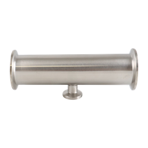Reducing tee with dimensions 1.5 inches x 0.5 inches, short branch, tri-clamp connection, made from 316L stainless steel, featuring a 20RA internal and 32RA outer finish, SF1 BPE compliant.