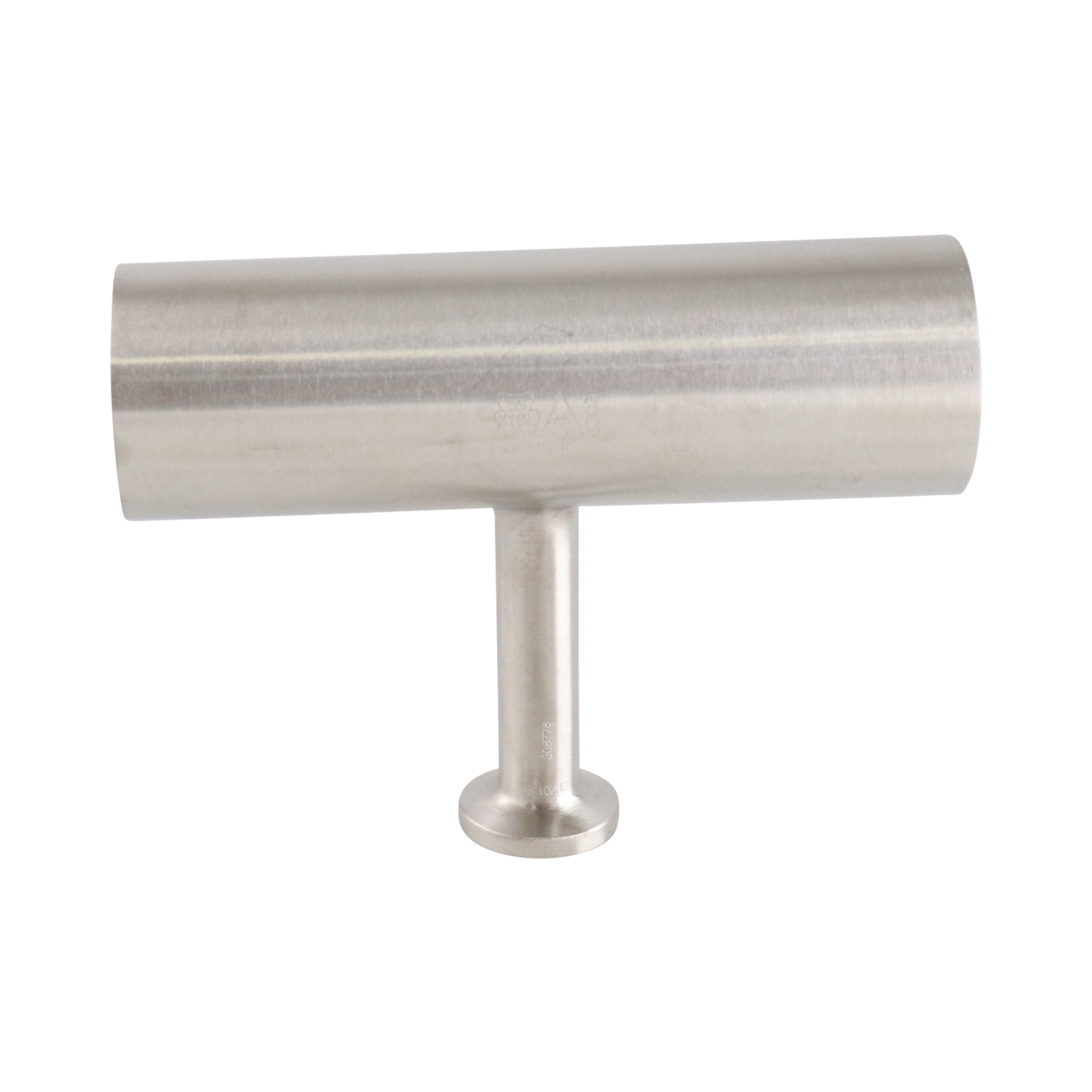 Reducing tee: 1.5-inch to 0.5-inch tri-clamp branch, 316L stainless steel, 20RA internal and 32RA outer finish, SF1 BPE compliant.