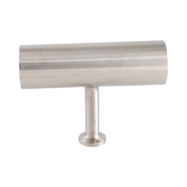Reducing tee: 1.5-inch to 0.5-inch tri-clamp branch, 316L stainless steel, 20RA internal and 32RA outer finish, SF1 BPE compliant.