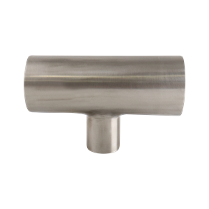 Reducing tee: 2.5-inch to 1.5-inch butt weld, 316L stainless steel, 20RA internal and 32RA outer finish, SF1 BPE compliant.