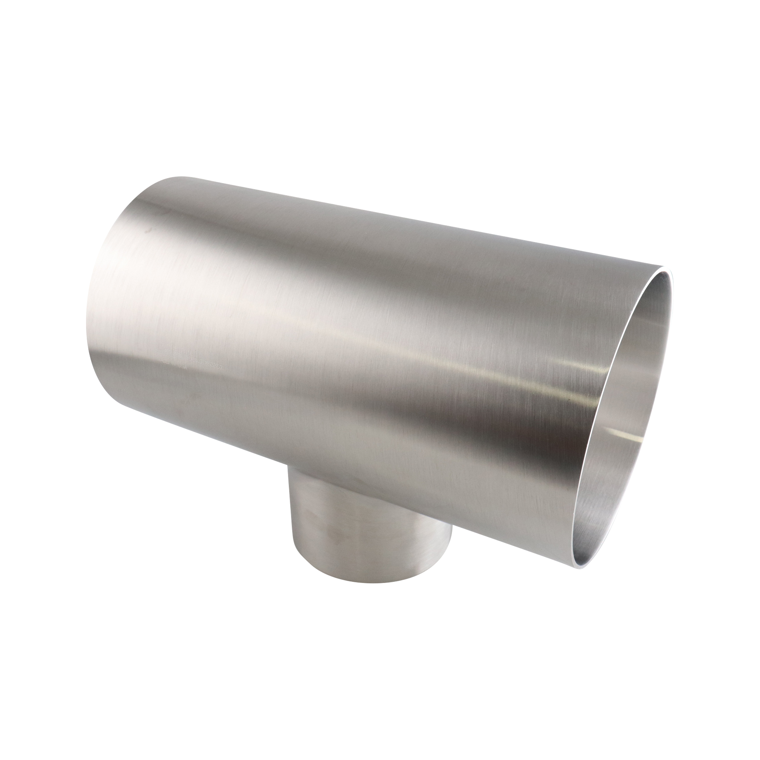 Reducing tee with 6-inch by 4-inch butt weld connections, made from 304 stainless steel, with a 32RA internal and outer surface finish.