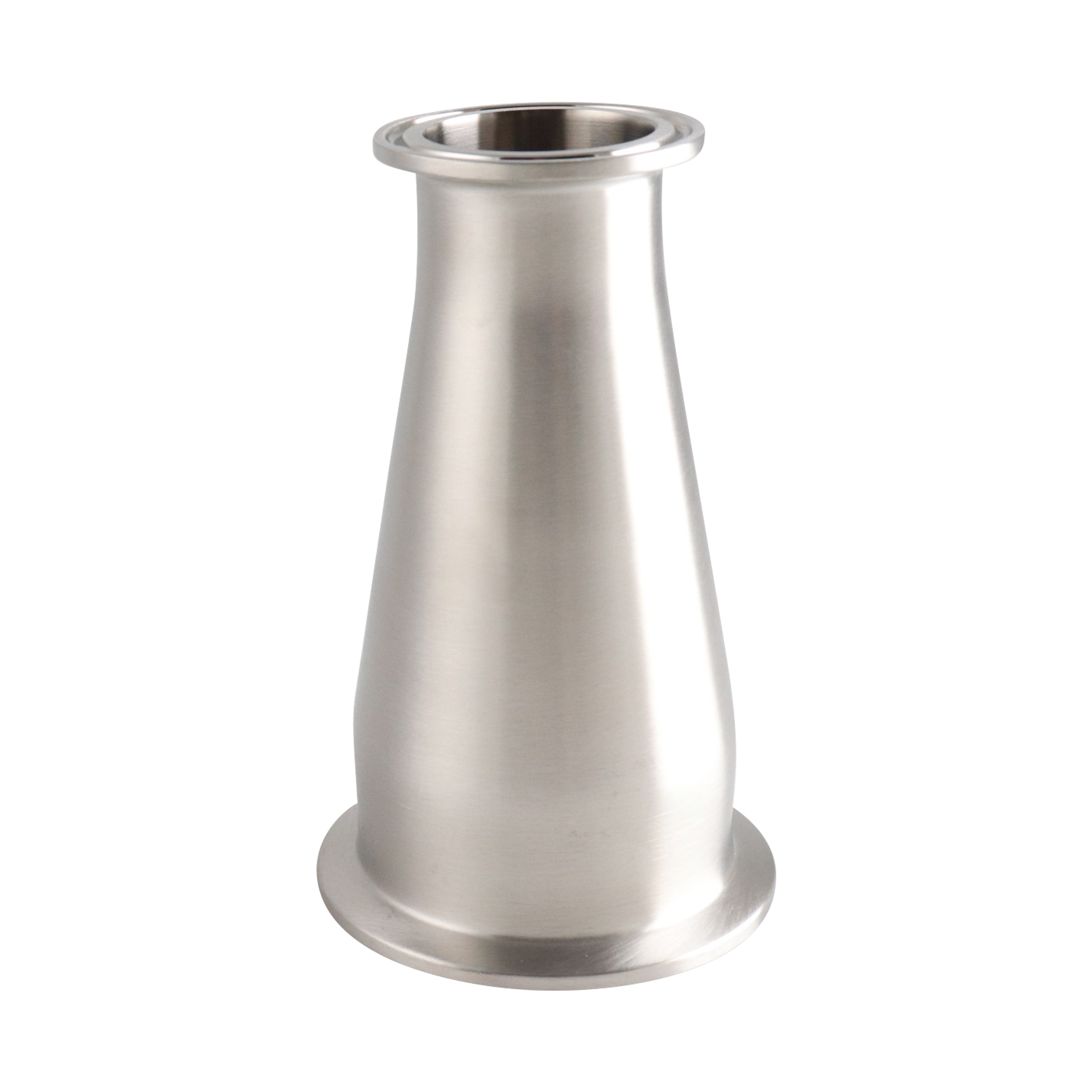 Concentric reducer with dimensions 2.5 inches x 1.5 inches, tri-clamp connection, made from 316L stainless steel, 5-inch overall length, featuring a 32RA internal and outer finish.