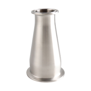 Concentric reducer with dimensions 2.5 inches x 1.5 inches, tri-clamp connection, made from 316L stainless steel, 5-inch overall length, featuring a 32RA internal and outer finish.