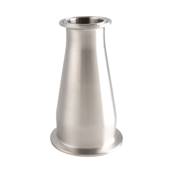Concentric reducer with dimensions 2.5 inches x 1.5 inches, tri-clamp connection, made from 316L stainless steel, 5-inch overall length, featuring a 32RA internal and outer finish.