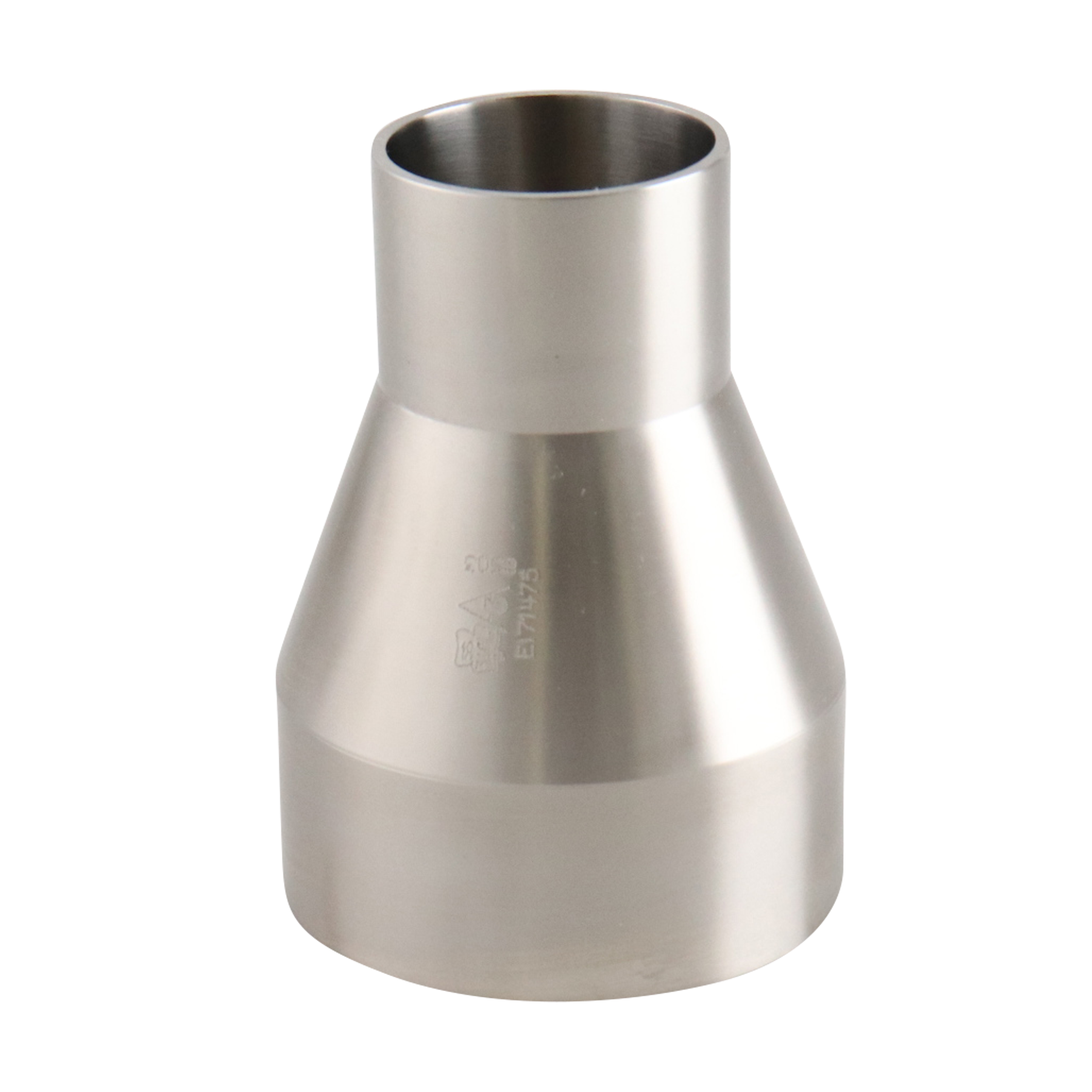 Concentric reducer, 2.5-inch by 1.5-inch butt weld connection, made of 316L stainless steel, with a 3.375-inch overall length, 20RA inner diameter finish, and 32RA outer diameter finish, SF1 BPE compliant.
