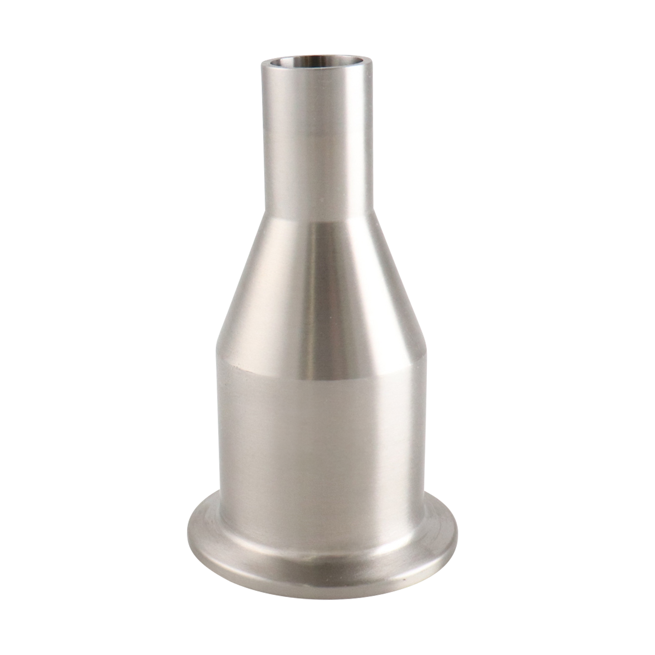 1.5-inch by 0.75-inch concentric reducer, tri-clamp to butt-weld, made from 316L stainless steel, with a 3.5-inch overall length, 20RA internal and 32RA external finish, SF1 BPE Compliant.
