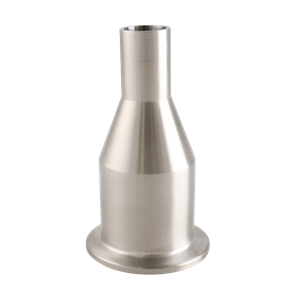 1.5-inch by 0.75-inch concentric reducer, tri-clamp to butt-weld, made from 316L stainless steel, with a 3.5-inch overall length, 20RA internal and 32RA external finish, SF1 BPE Compliant.
