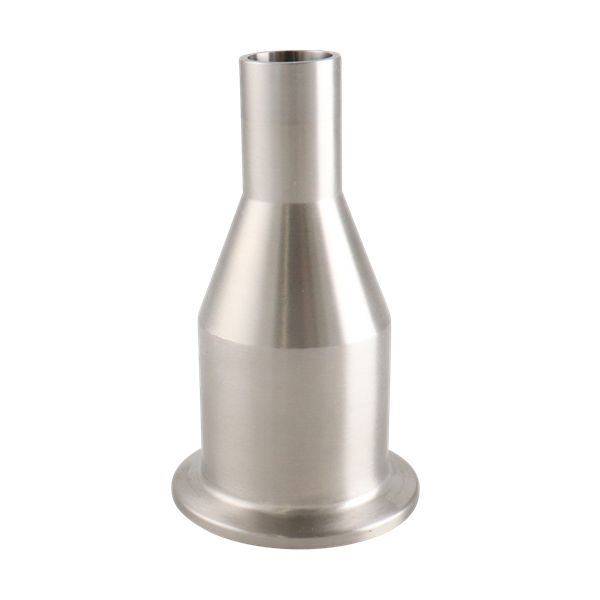 1.5-inch by 0.75-inch concentric reducer, tri-clamp to butt-weld, made from 316L stainless steel, with a 3.5-inch overall length, 20RA internal and 32RA external finish, SF1 BPE Compliant.
