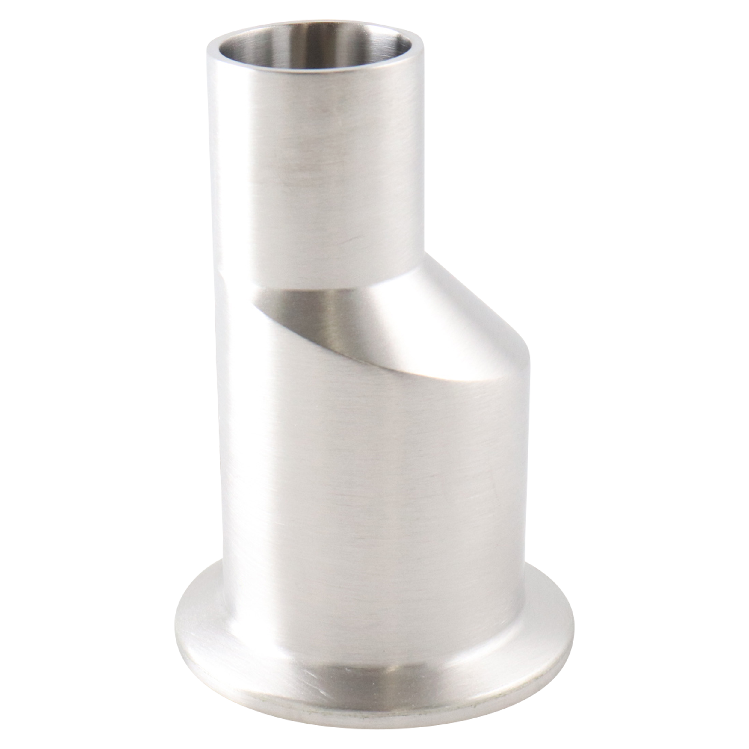 Eccentric reducer 1.5x1 tri-clamp x butt weld 316L 3" OAL with 15Ra EP inner diameter 32Ra outer diameter. Meets BPE standards.