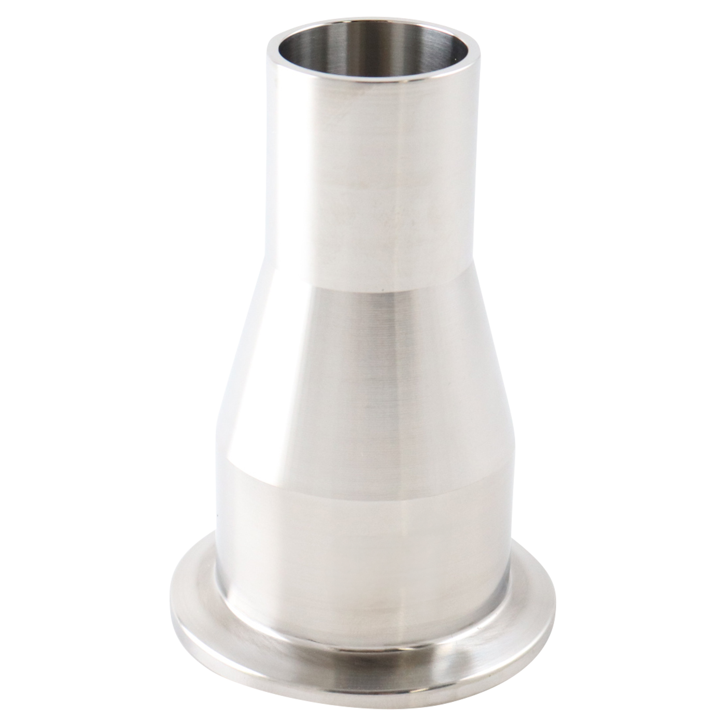 concentric reducer, 1.5-inch x 1-inch Tri-Clamp to butt-weld, made from 316L stainless steel, with 3-inch overall length, 20RA interior and 32RA exterior surface finish, SF1 BPE compliant
