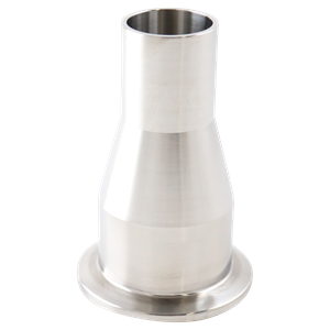 concentric reducer, 1.5-inch x 1-inch Tri-Clamp to butt-weld, made from 316L stainless steel, with 3-inch overall length, 20RA interior and 32RA exterior surface finish, SF1 BPE compliant
