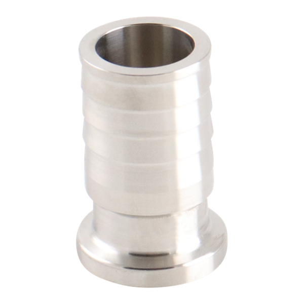 Hose barb adapter, 0.75-inch tri-clamp to hose barb connection, made of 316L stainless steel, with a 20RA inner diameter finish and 32RA outer diameter finish.