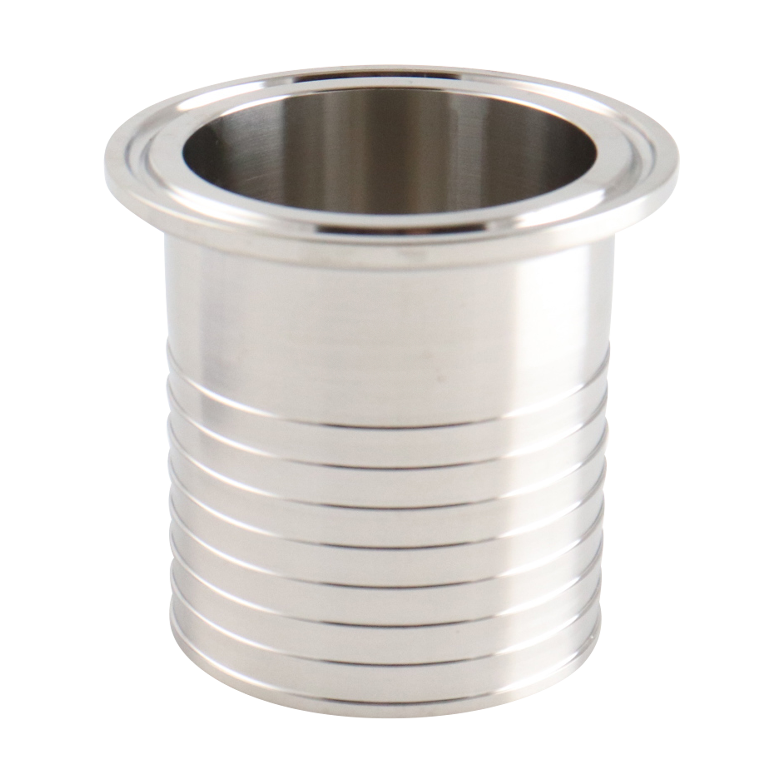 Hose barb adapter, 1.5-inch tri-clamp connection to hose barb, made of 304 stainless steel, with a 32RA inner and outer diameter finish.