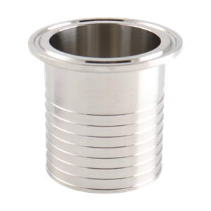 Hose barb adapter, 1.5-inch tri-clamp connection to hose barb, made of 304 stainless steel, with a 32RA inner and outer diameter finish.