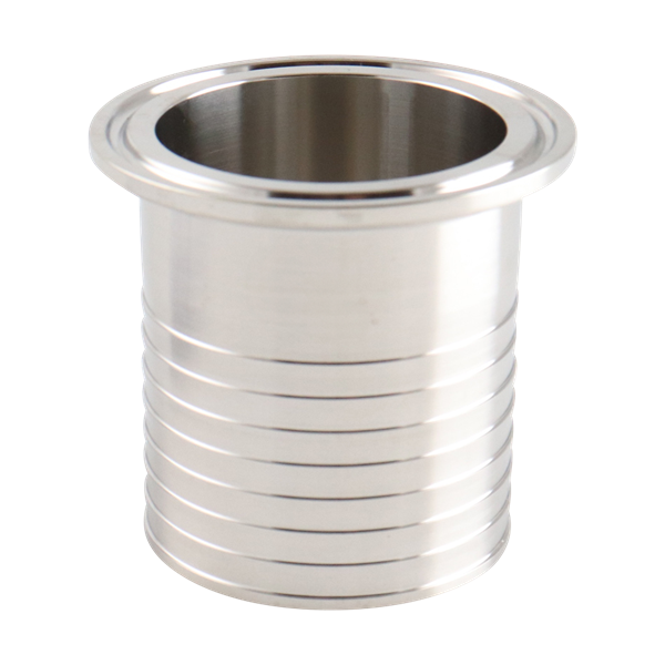 Hose barb adapter, 1.5-inch tri-clamp connection to hose barb, made of 304 stainless steel, with a 32RA inner and outer diameter finish.