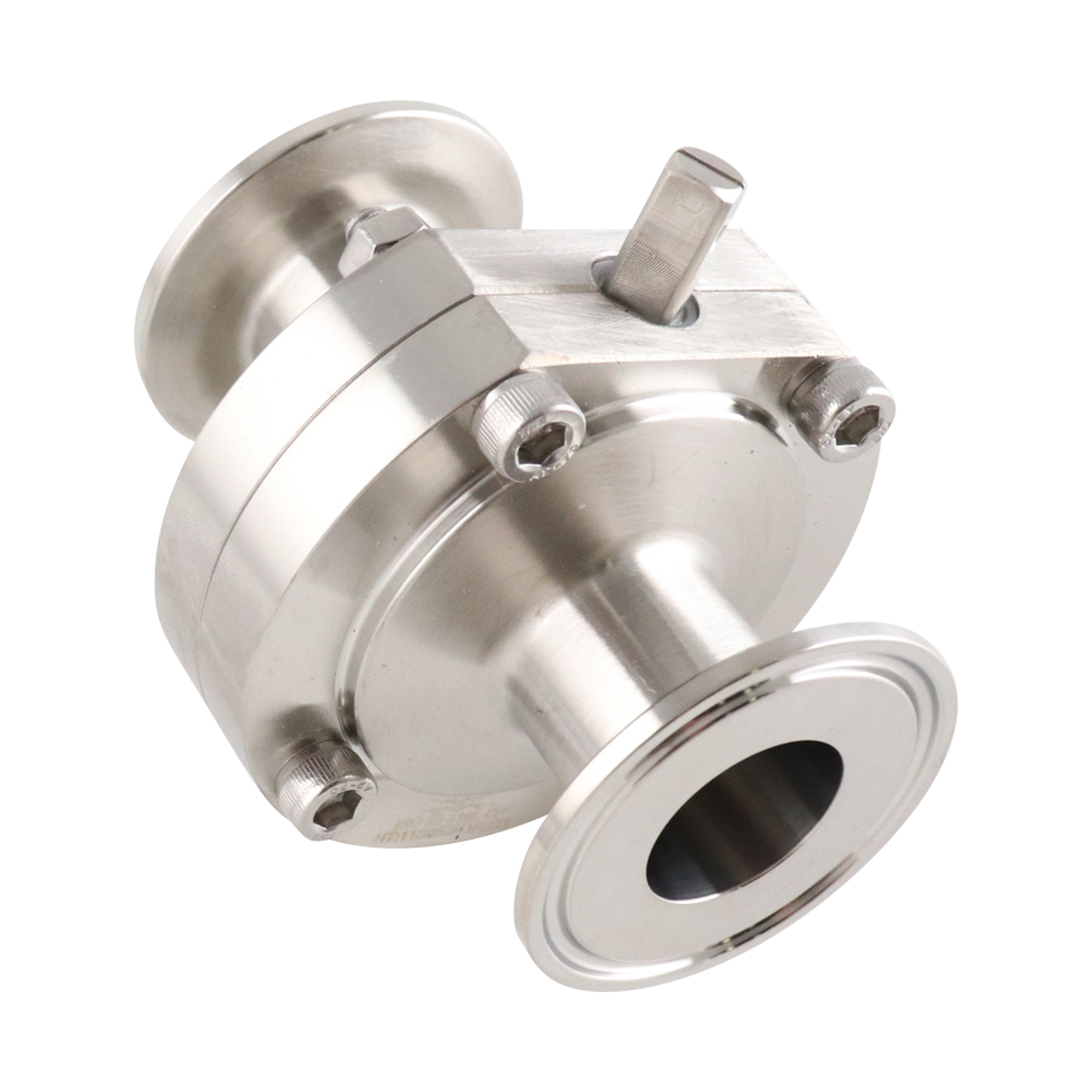 Butterfly Valve, 1-inch tri-clamp connection, made of 316L stainless steel, with a Viton seat and no handle.