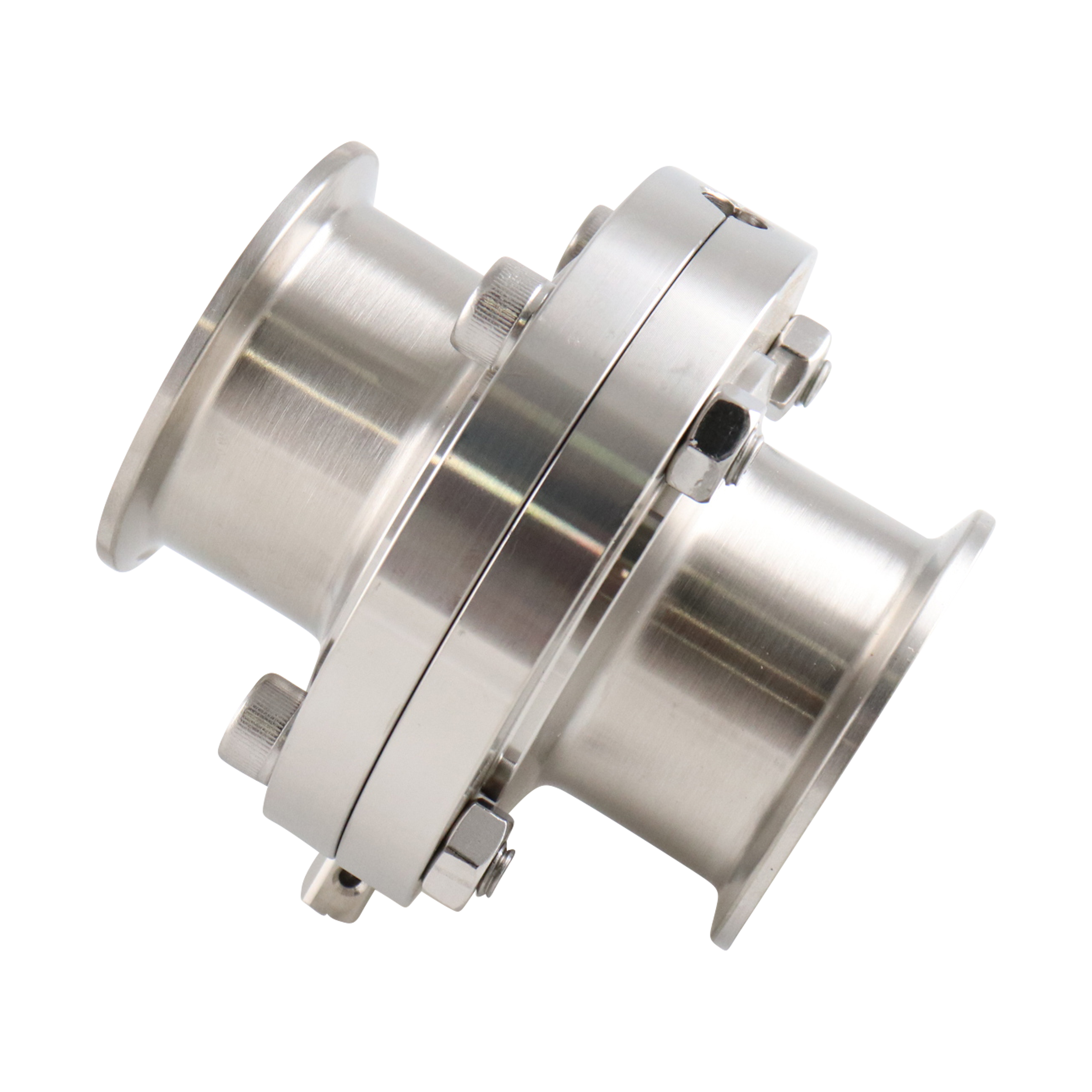LKB Butterfly Valve, 2-inch tri-clamp connection, made of 316L stainless steel, with a silicone seat, and no handle.