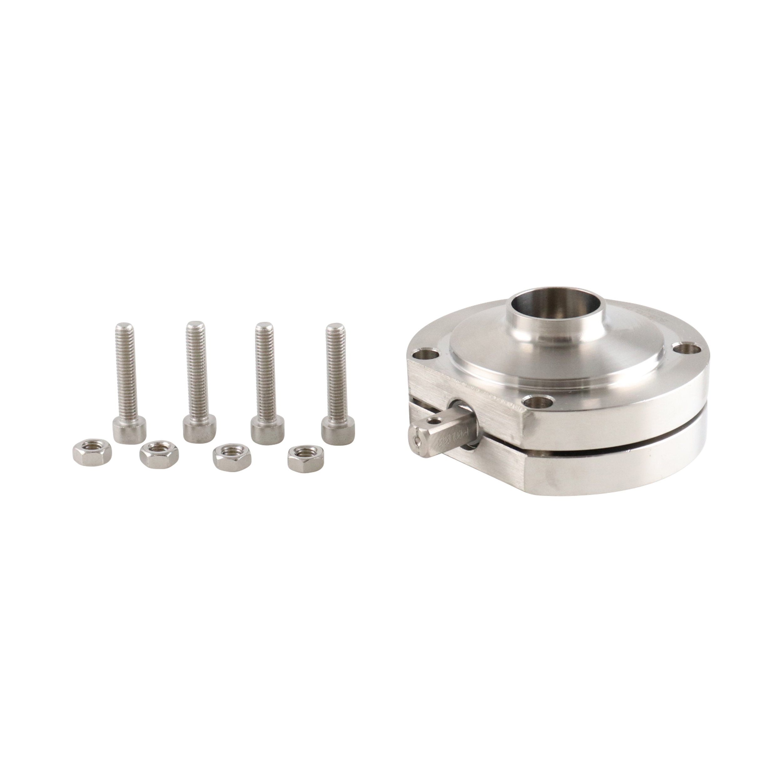 Butterfly valve, 1-inch butt weld connection, made of 316L stainless steel, with an EPDM seat, no handle included.