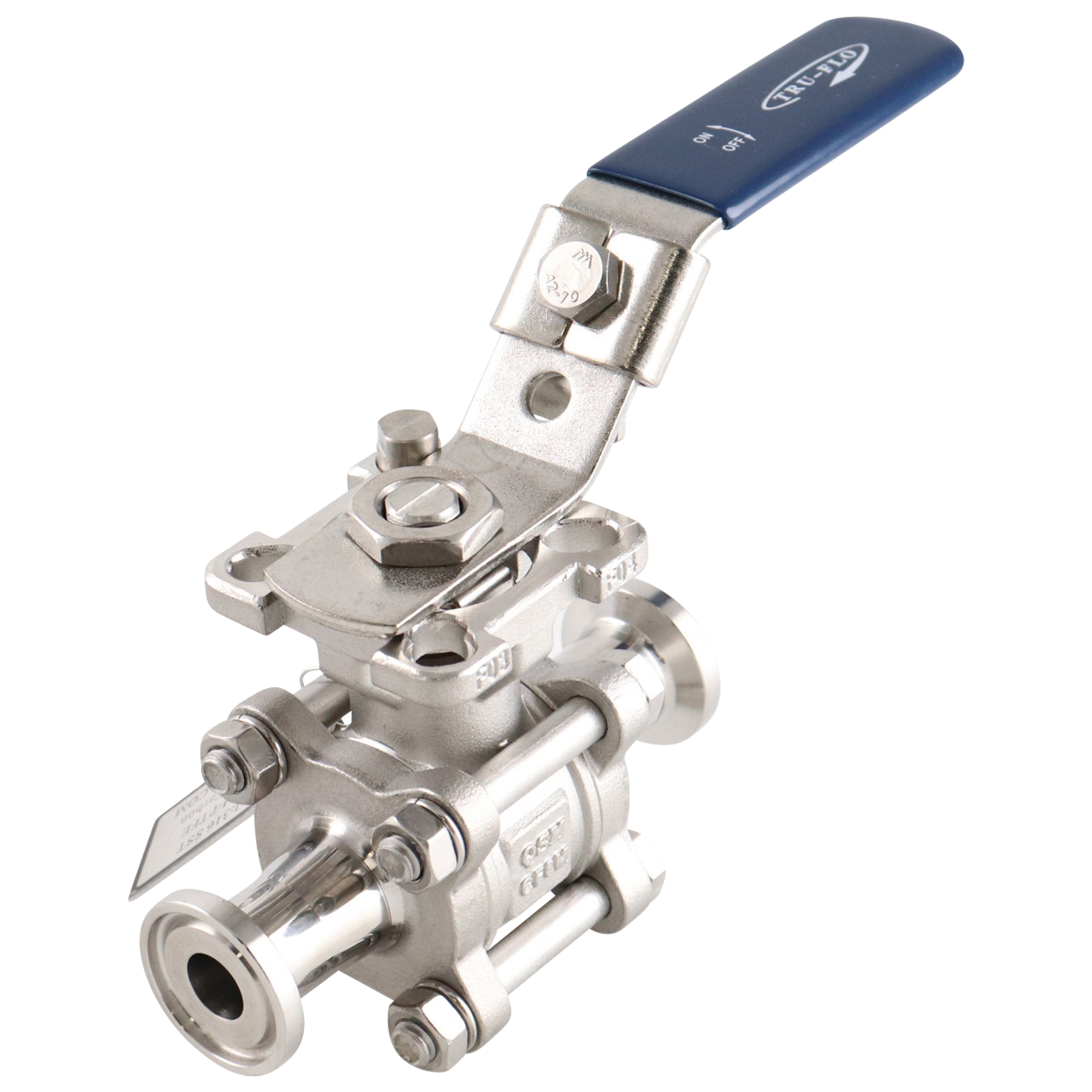 ball valve, 0.5-inch Tri-Clamp, PTFE cavity fill, made from 316L stainless steel, QSM design