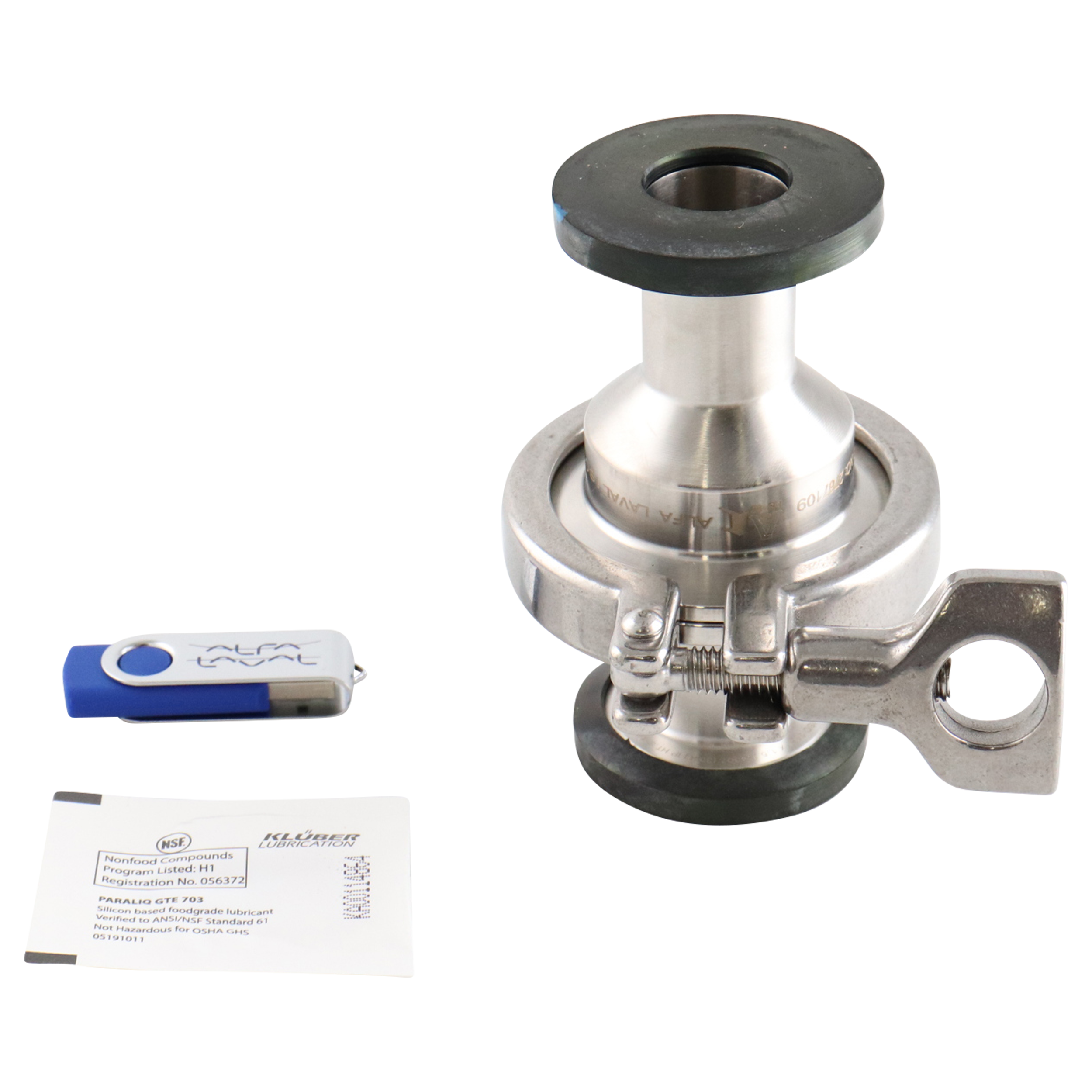 Spring check valve with a 1-inch tri-clamp connection and Viton seal for hygienic applications.