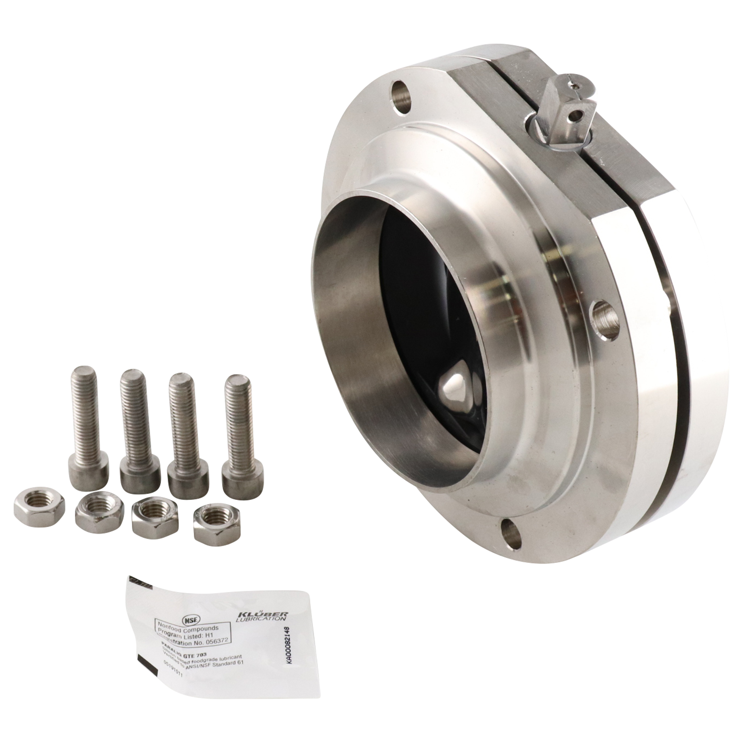 Butterfly valve with dimensions 4-inch butt weld, made from 316L stainless steel, featuring an EPDM seat and no handle.