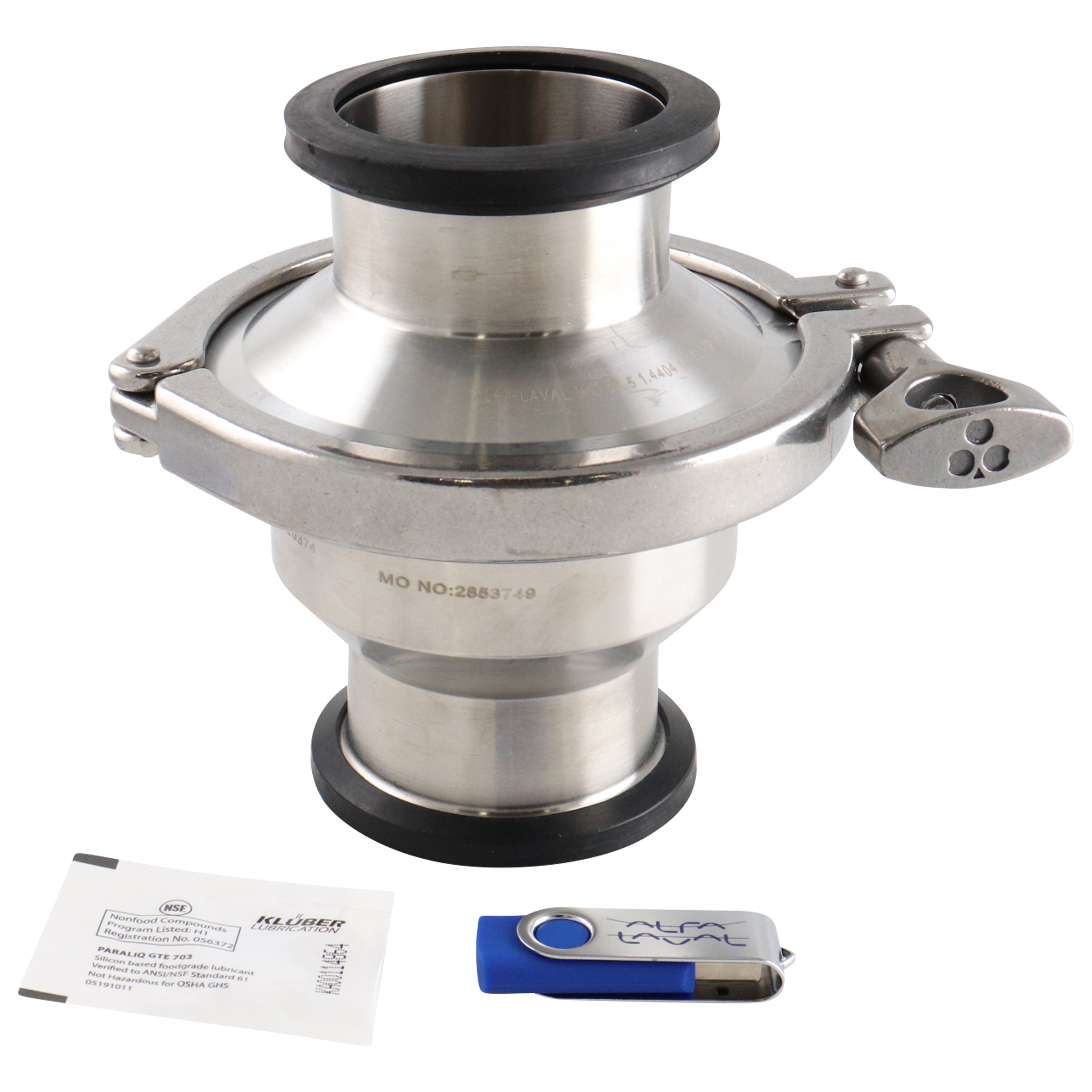 Spring check valve with a 2.5-inch tri-clamp connection, made from 316 stainless steel with a Viton seal for hygienic applications.