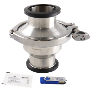 Spring check valve with a 2.5-inch tri-clamp connection, made from 316 stainless steel with a Viton seal for hygienic applications.