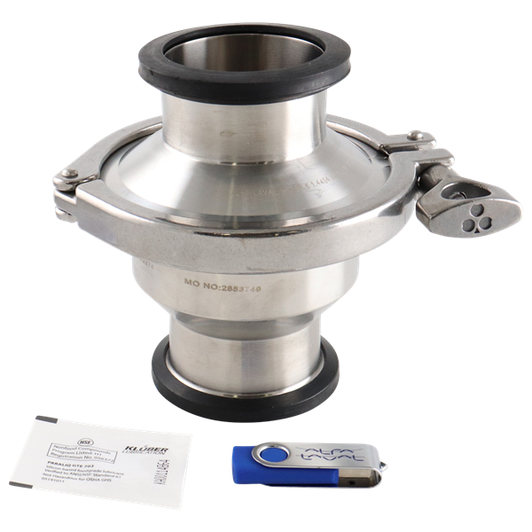 Spring check valve with a 2.5-inch tri-clamp connection, made from 316 stainless steel with a Viton seal for hygienic applications.