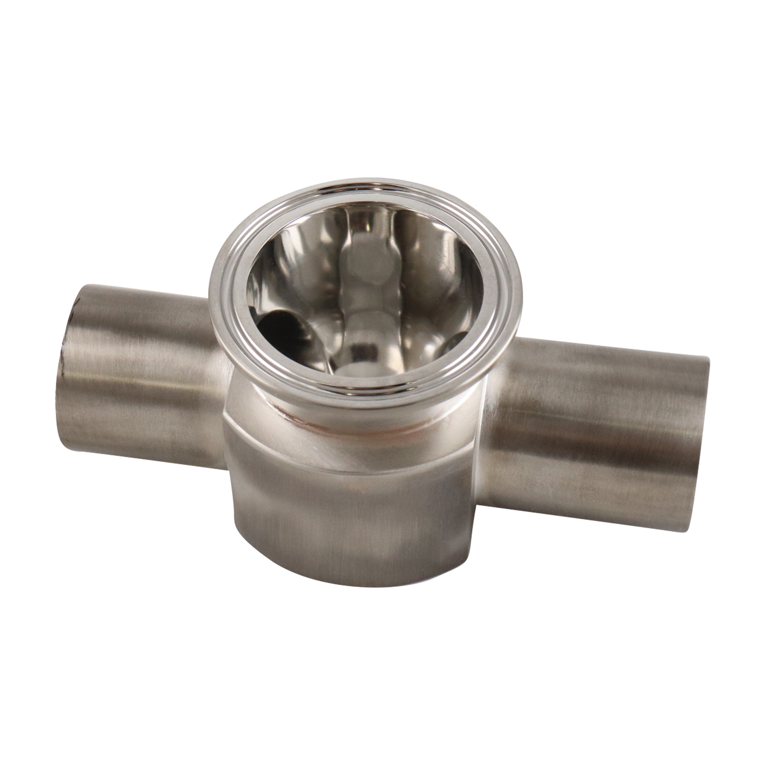 Instrument tee 1.5" x 2" butt weld x tri-clamp 316L, 15Ra electropolished inner diameter, 32Ra outer diameter, SF4 bpe