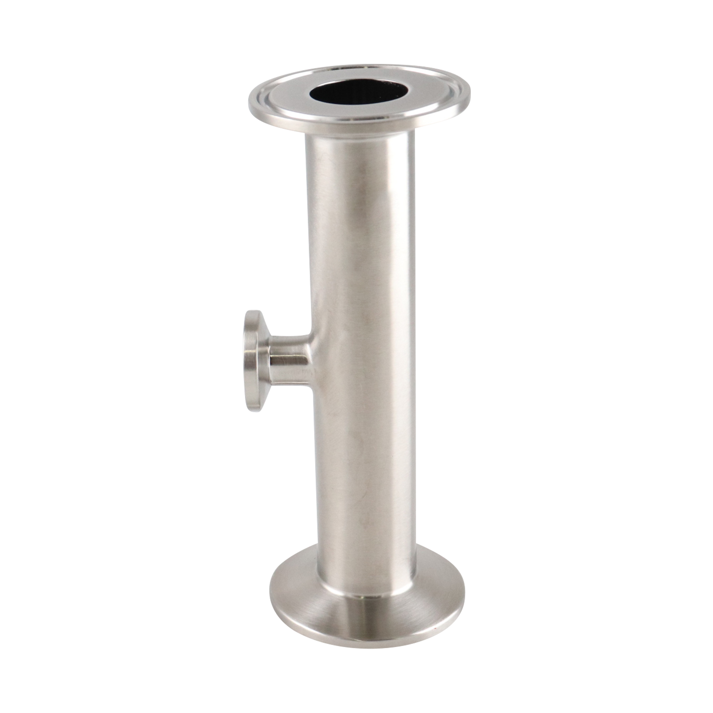 Reducing tee with a 1-inch by 0.5-inch short branch tri-clamp connection, made of 316L stainless steel, with a 20RA inner diameter finish and 32RA outer diameter finish, SF1 BPE compliant.